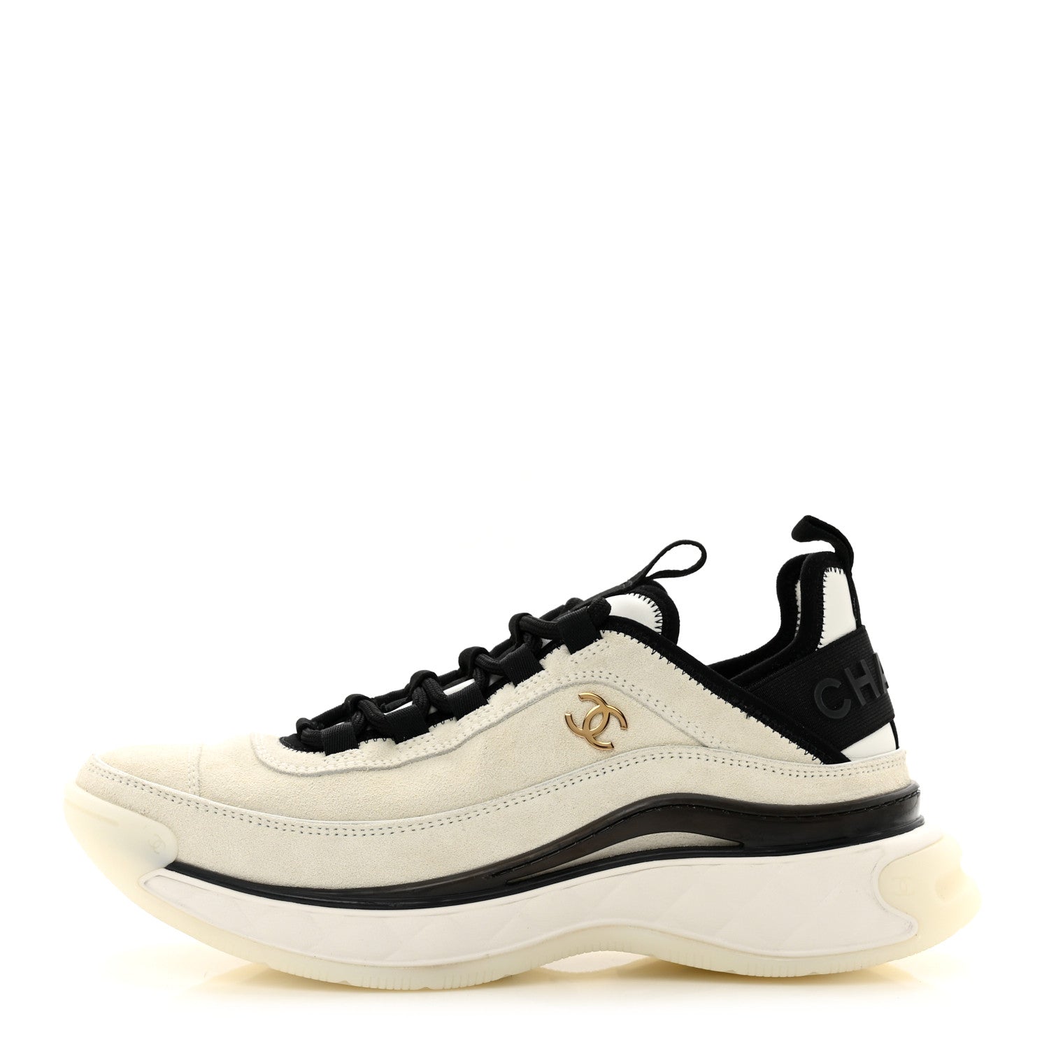 Chanel Suede Calfskin Nylon Grosgrain CC Sneakers 37.5 Beige Black 1 of 9