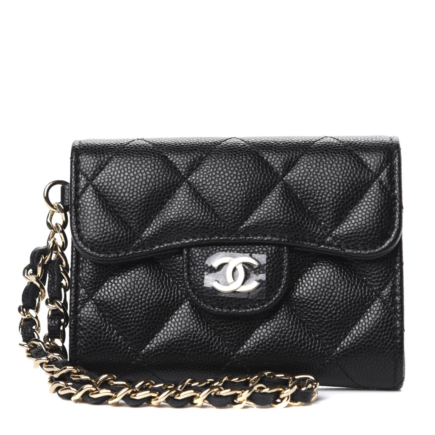 Caviar Quilted Flap Card Holder Chain Wristlet Black