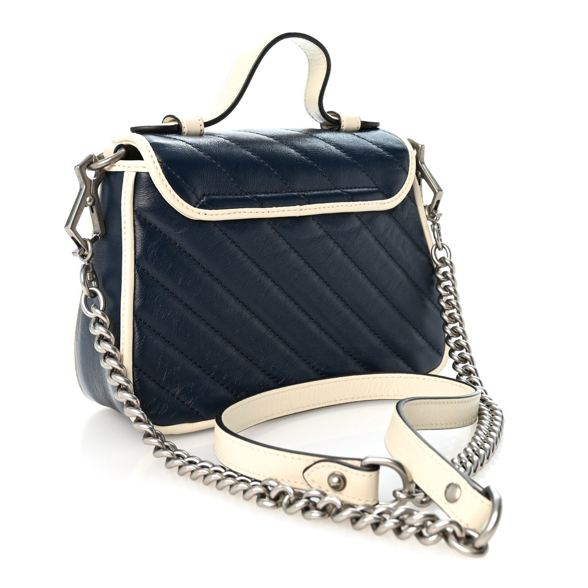 Gucci Vintage Effect Calfskin Matelasse Diagonal Mini Torchon GG Marmont Top Handle Shoulder Bag Blue Agata Mystic White 3 of 10