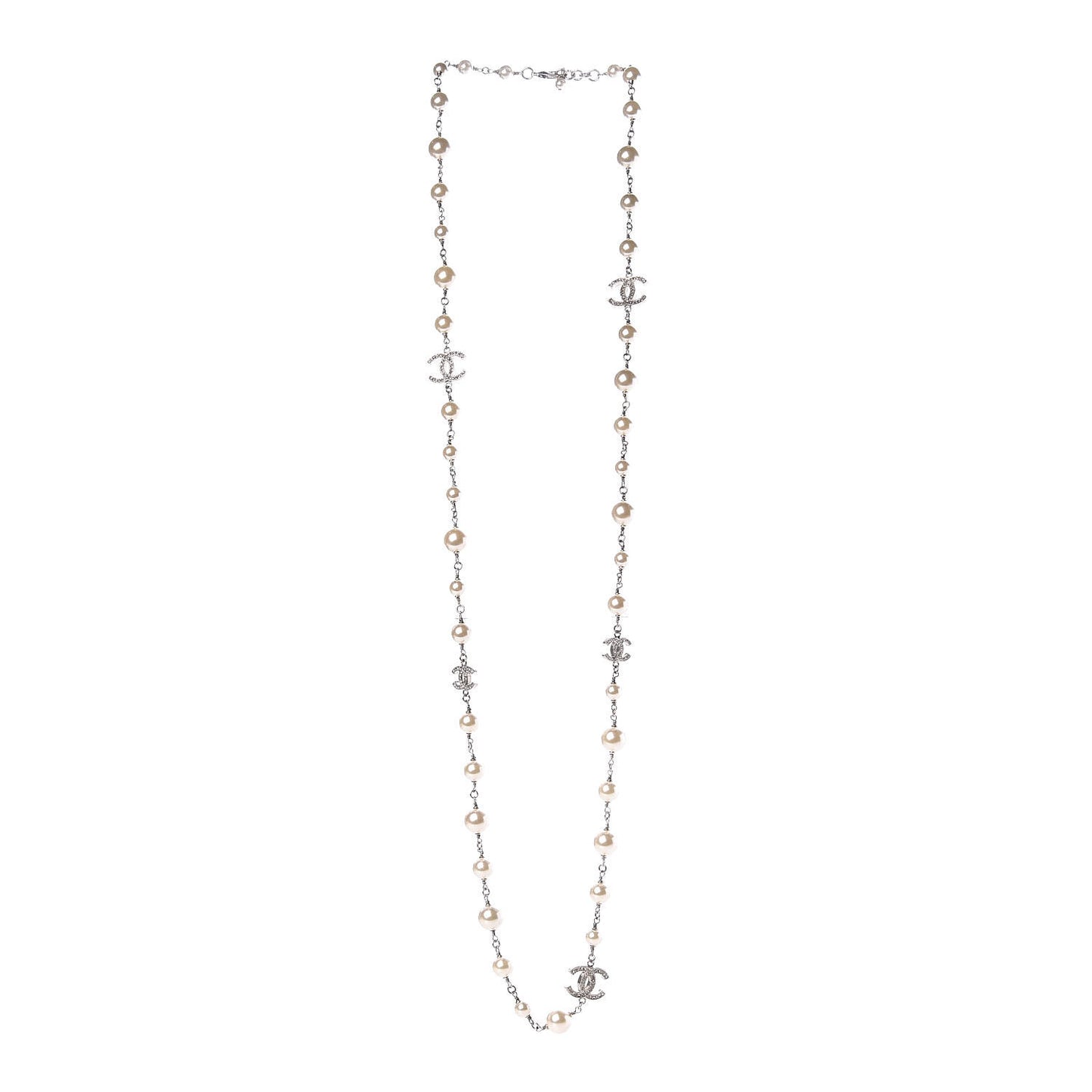 Crystal Pearl CC Long Necklace Silver
