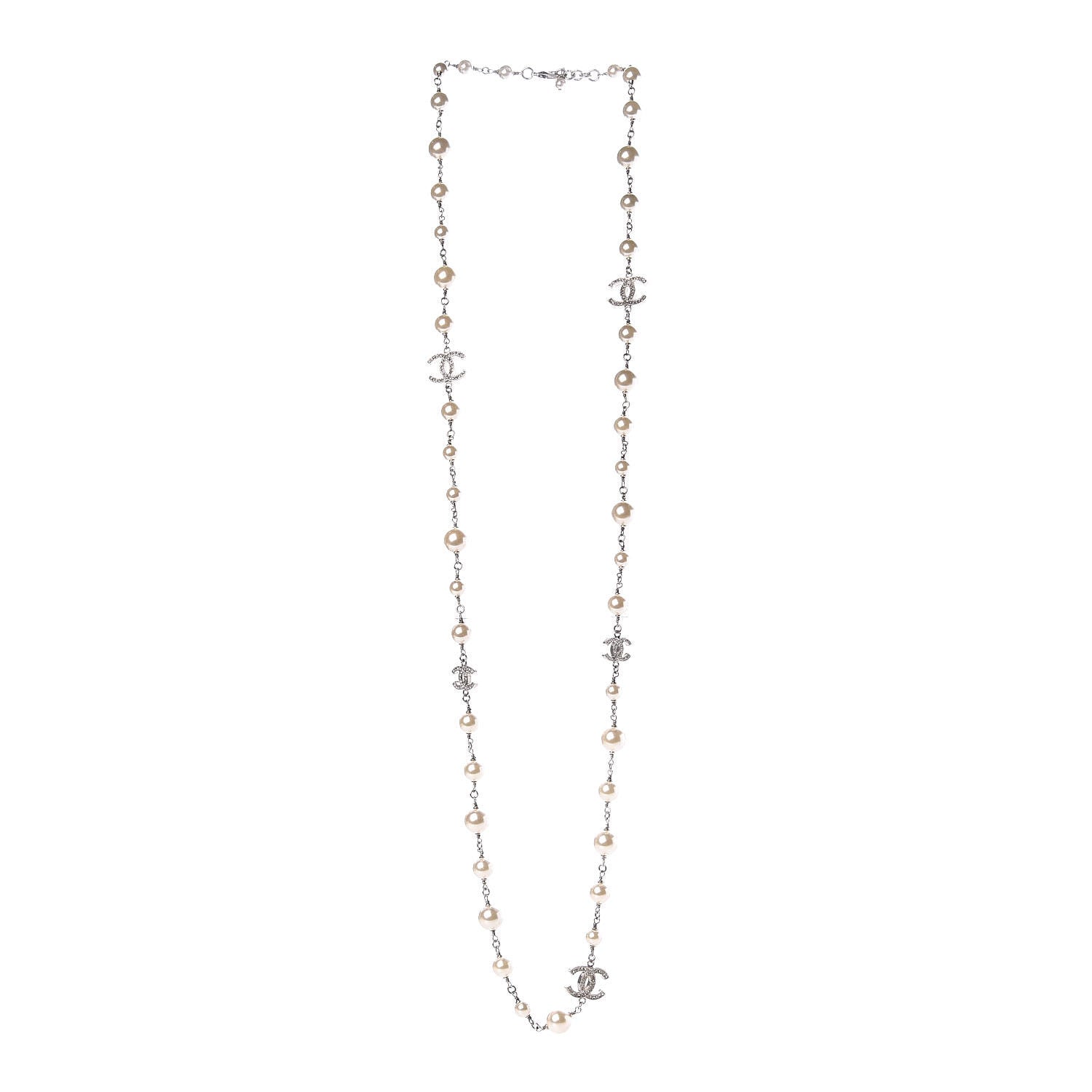 Chanel Crystal Pearl CC Long Necklace Silver 2 of 6
