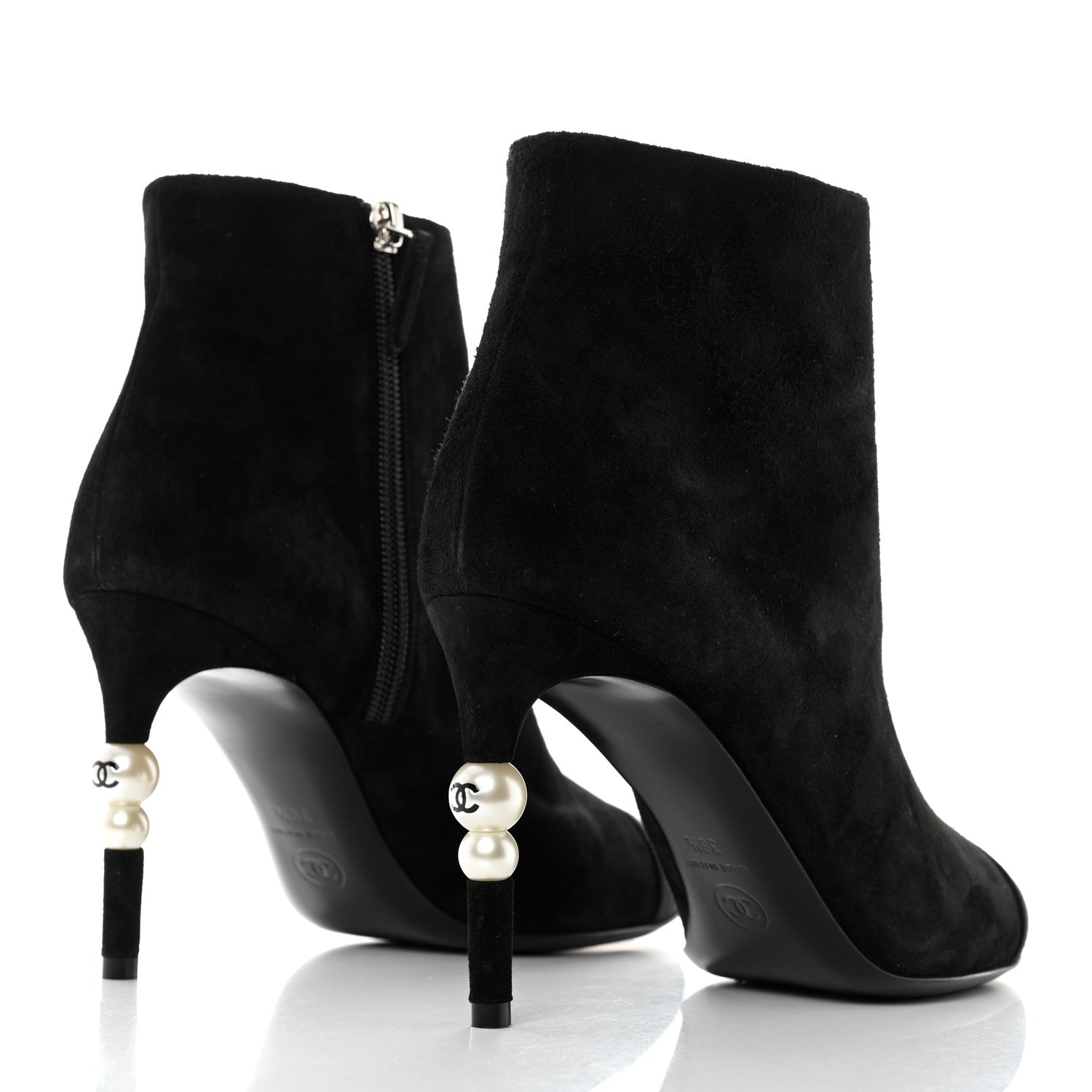 Chanel Suede Grosgrain Pearl Ankle Boots 38.5 Black 4 of 9