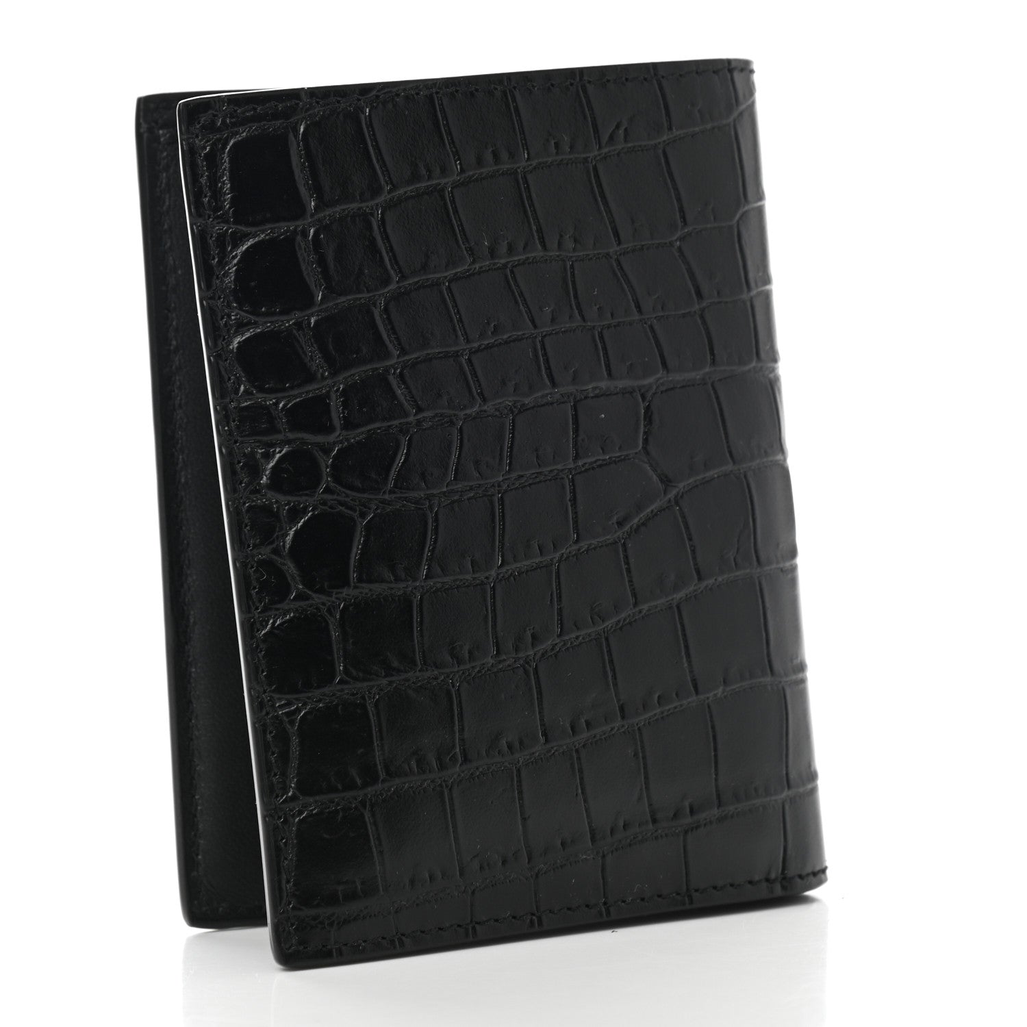 Saint Laurent Calfskin Crocodile Embossed Tiny Monogram Credit Card Wallet Black 3 of 7