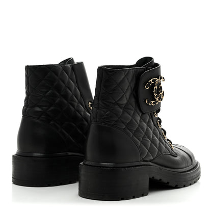 Chanel Shiny Lambskin Quilted Lace Up Combat Boots 38 Black 5 of 9