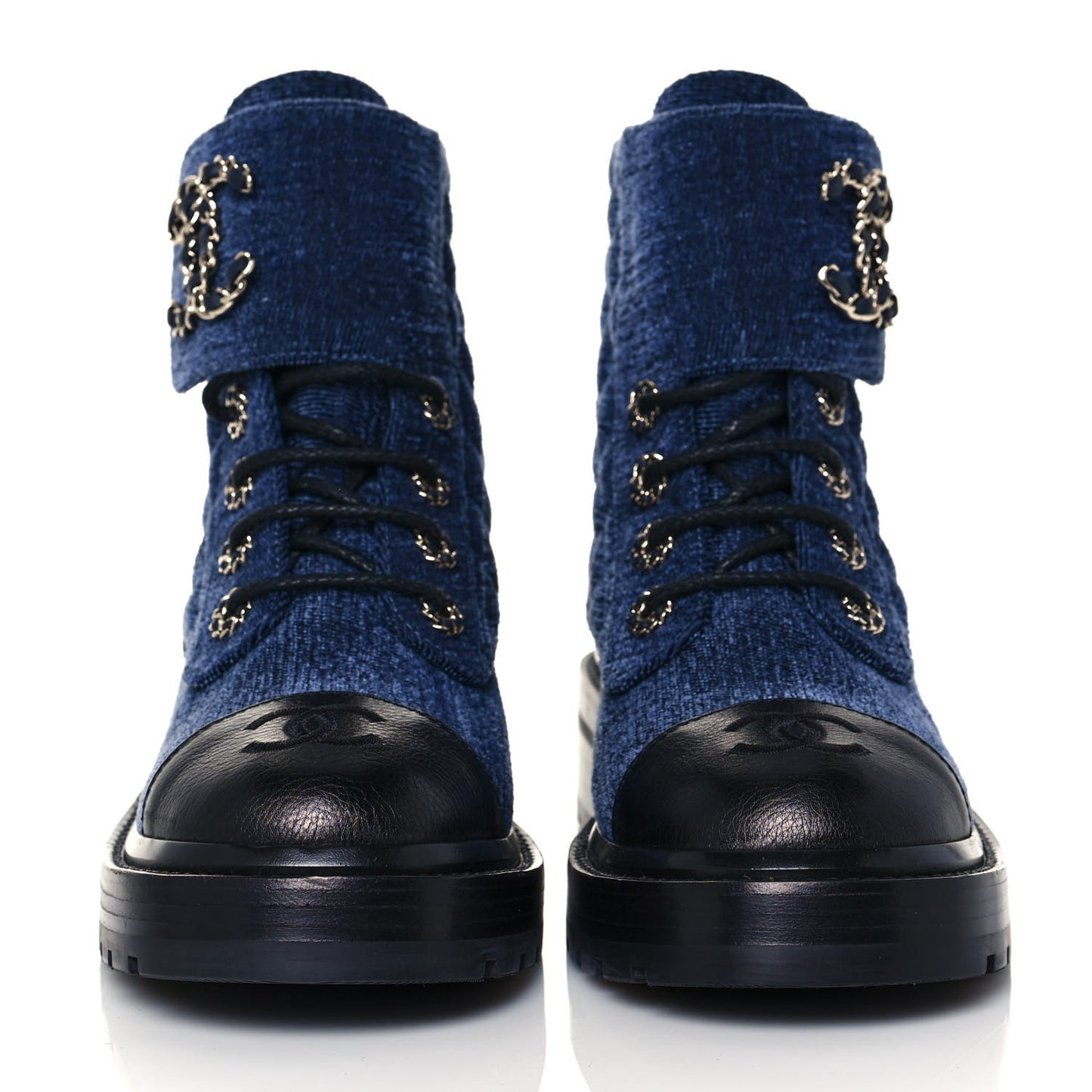 Shiny Calfskin Velvet Quilted Lace Up Combat Boots 36 Blue Black