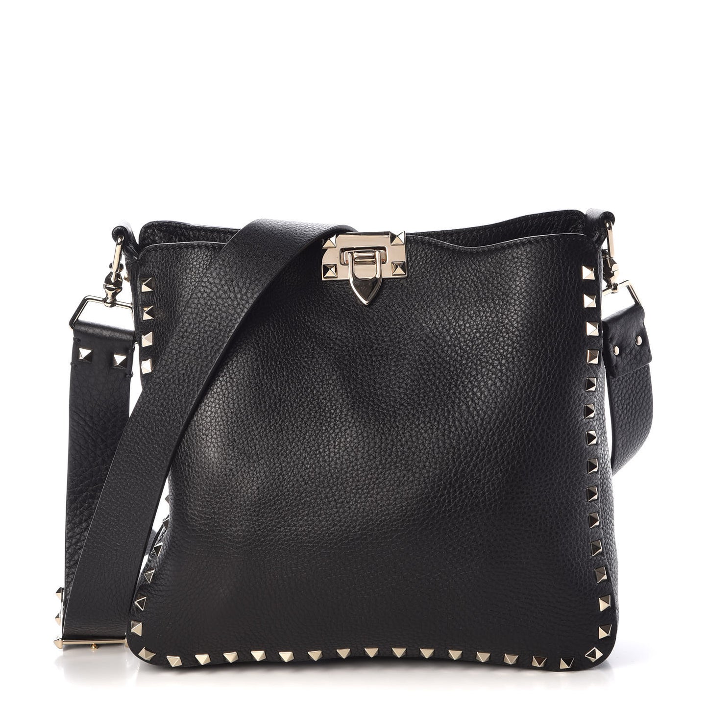 Pebbled Calfskin Small Rockstud Flip-Lock Messenger Bag Black