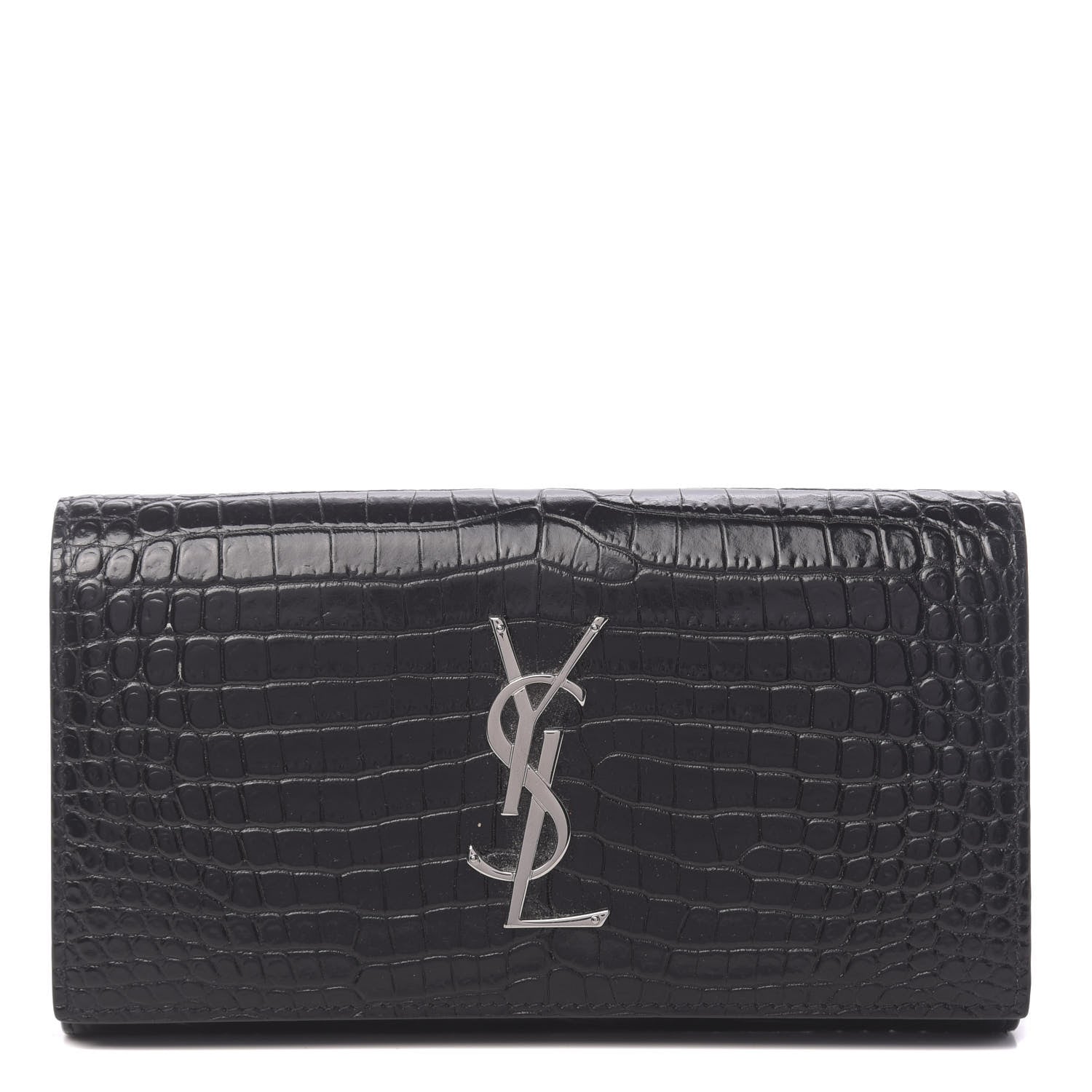 Saint Laurent Calfskin Crocodile Embossed Monogram Flap Wallet Black 1 of 7