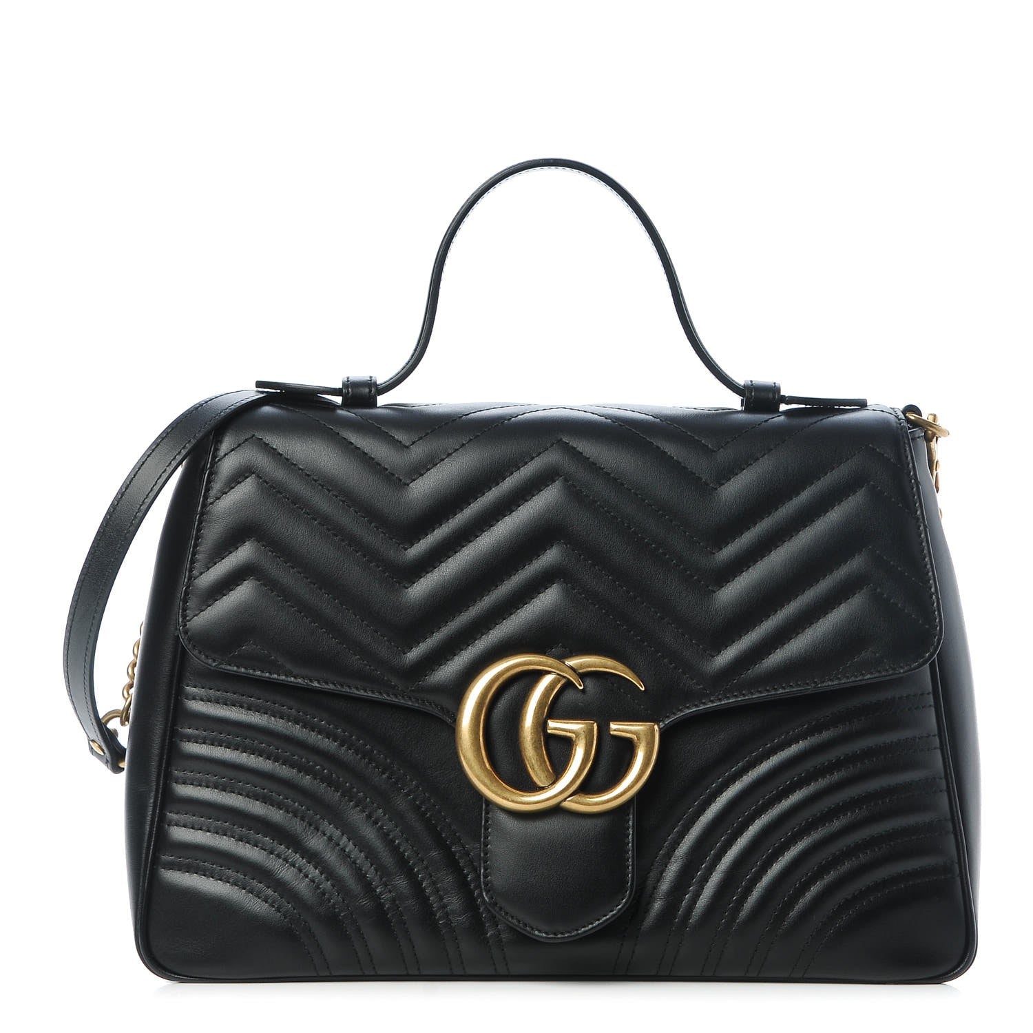 Gucci Calfskin Matelasse Medium GG Marmont Top Handle Shoulder Bag Black 1 of 9