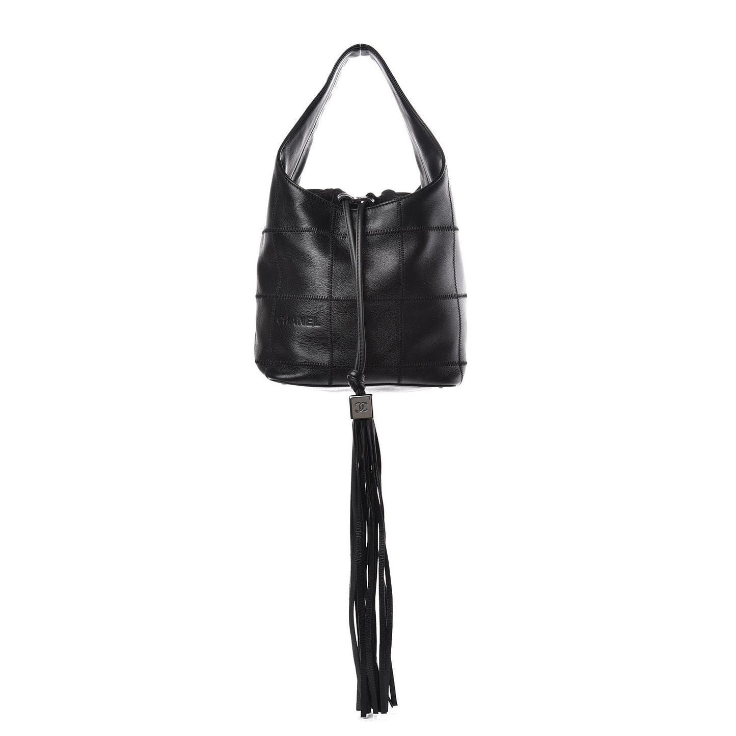 Calfskin Square Stitched Tassel Hobo Black