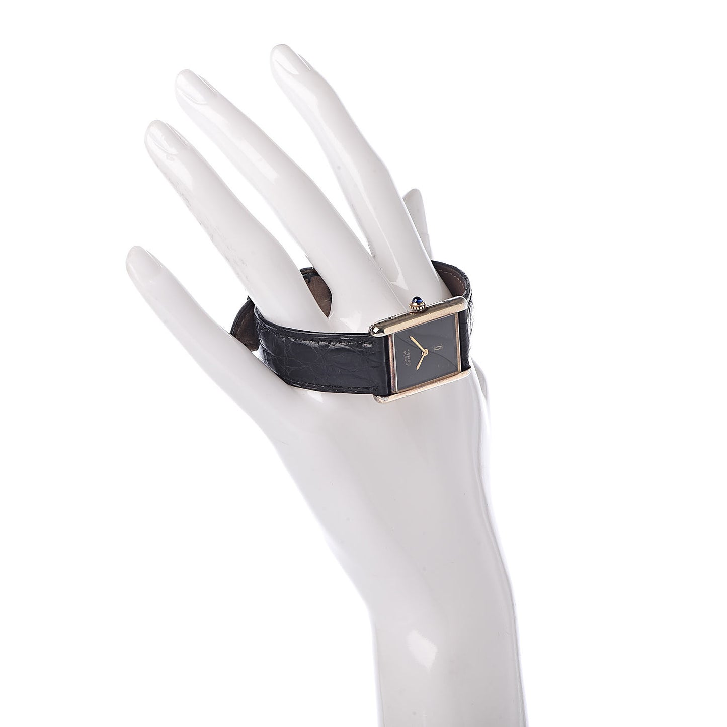 Sterling Silver Vermeil Alligator 23mm Must de Cartier Tank Quartz Watch Black