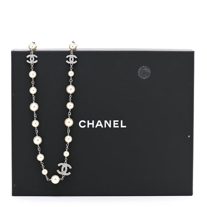 Chanel Graduated Pearl Crystal CC Long Necklace Silver 7 of 7