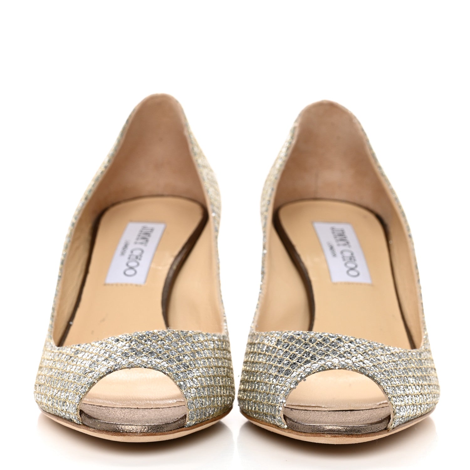 Jimmy Choo Glitter Fabric Evelyn Peep Toe 65 Pumps 37.5 Champagne 2 of 8