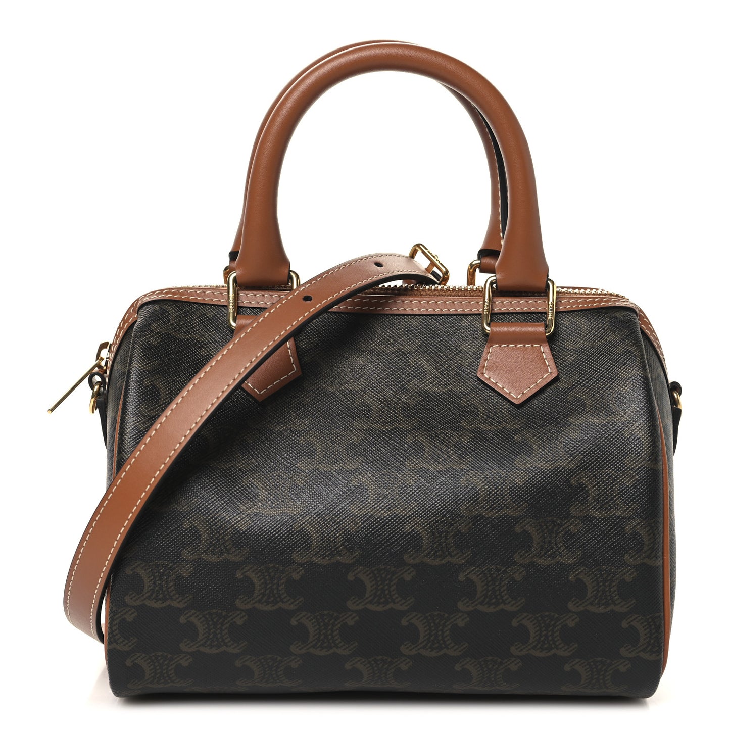 Triomphe Canvas Calfskin Small Boston Bag Tan