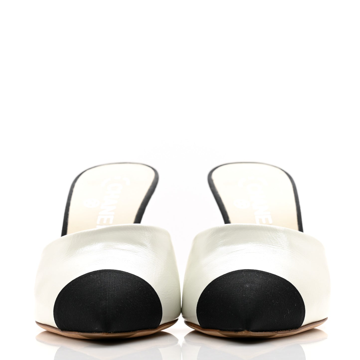 Patent Lambskin Grosgrain Cap Toe Pearl Mule 39 Ecru Black