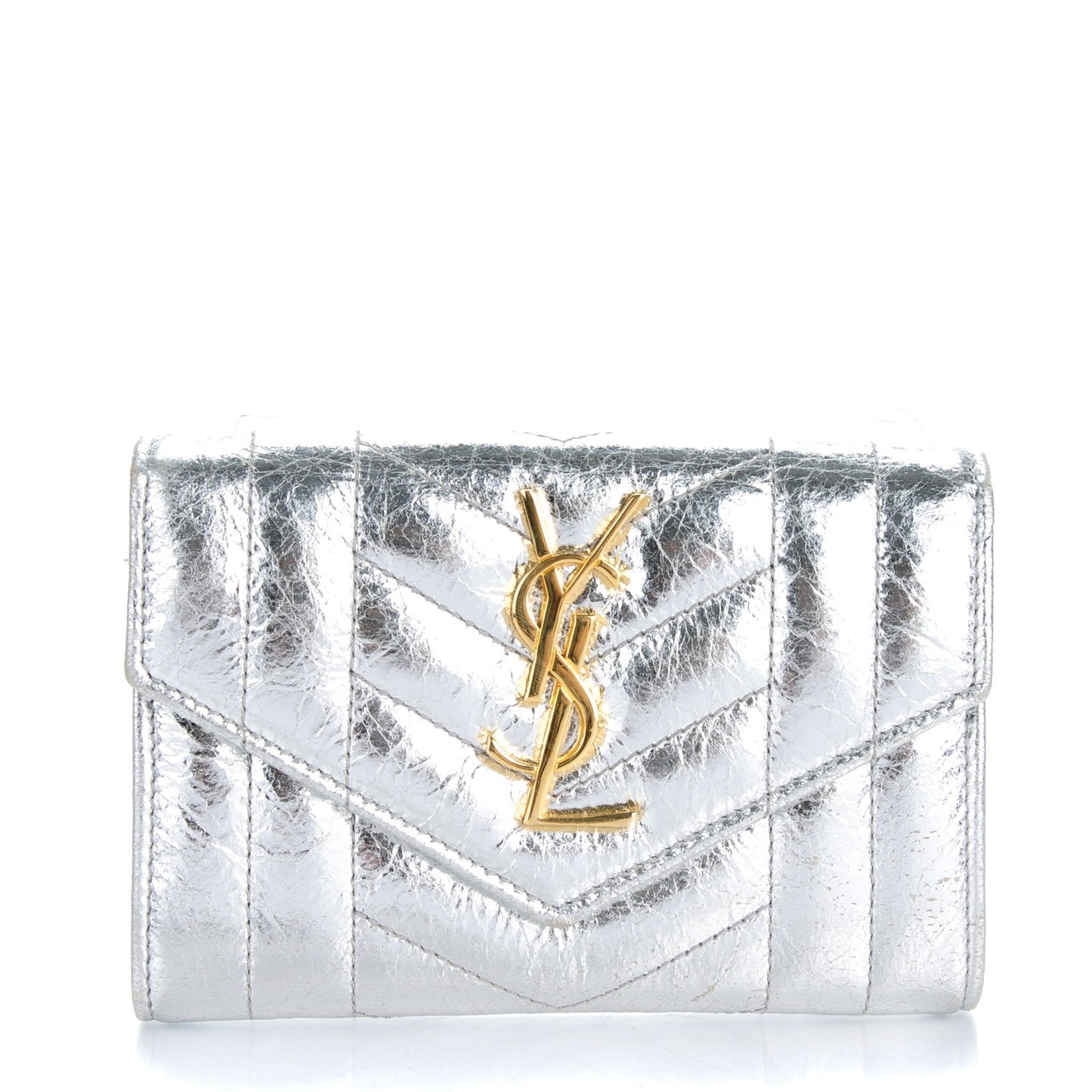 Metallic Goatskin Mixed Matelasse Chevron Small Monogram Envelope Wallet Silver