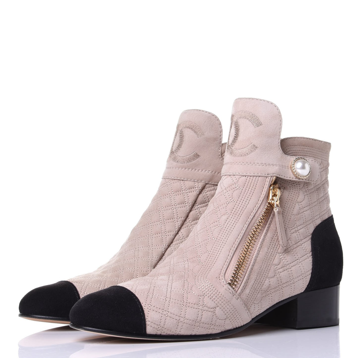 Kid Suede Quilted Cap Toe Short Boots 36.5 Beige Black