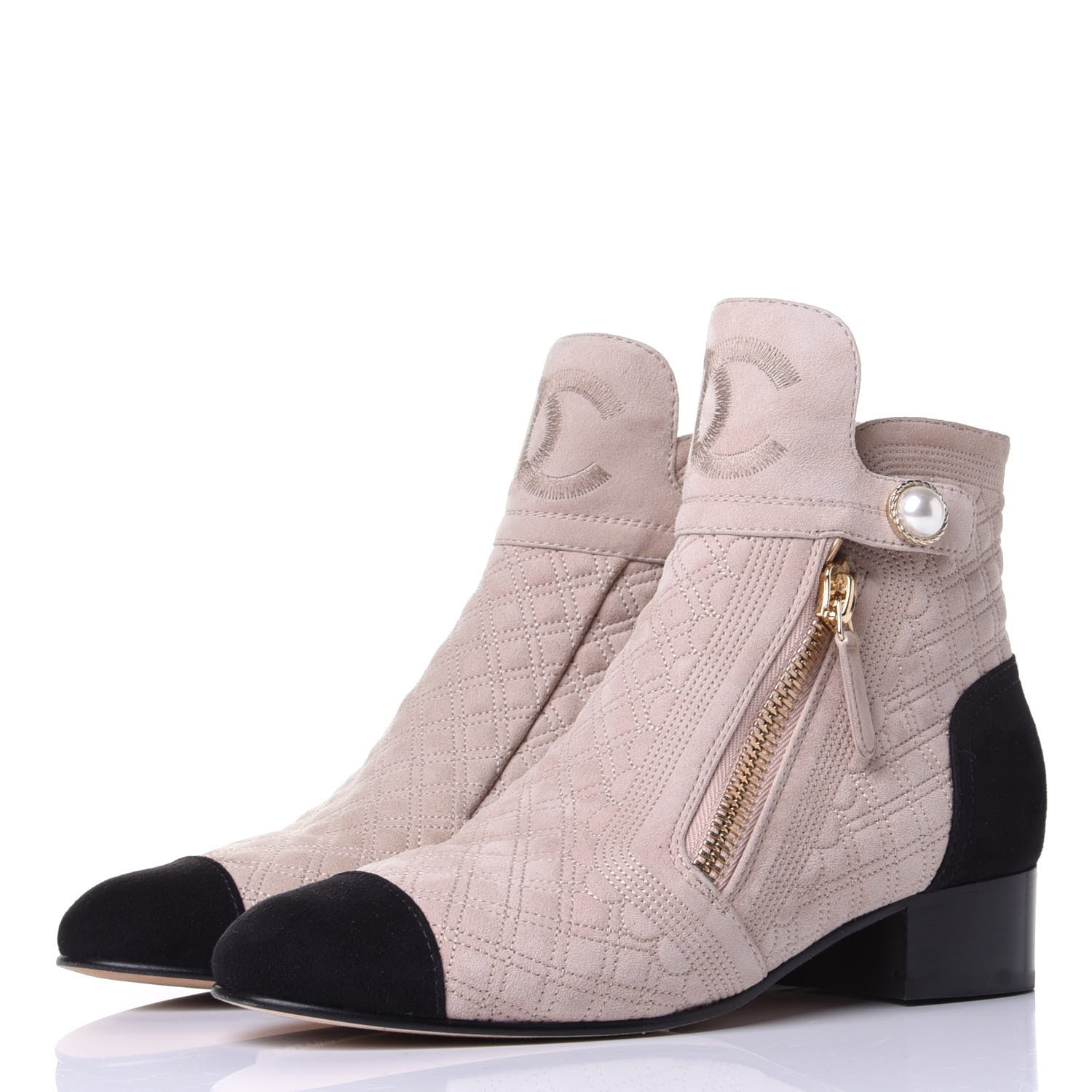 Chanel Kid Suede Quilted Cap Toe Short Boots 36.5 Beige Black 3 of 11