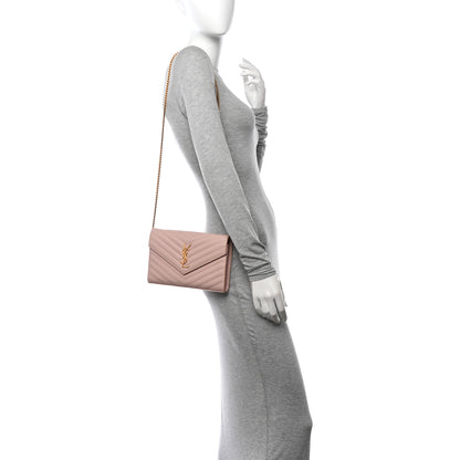 Saint Laurent Grain De Poudre Matelasse Chevron Monogram Chain Wallet Pale Pink 2 of 12