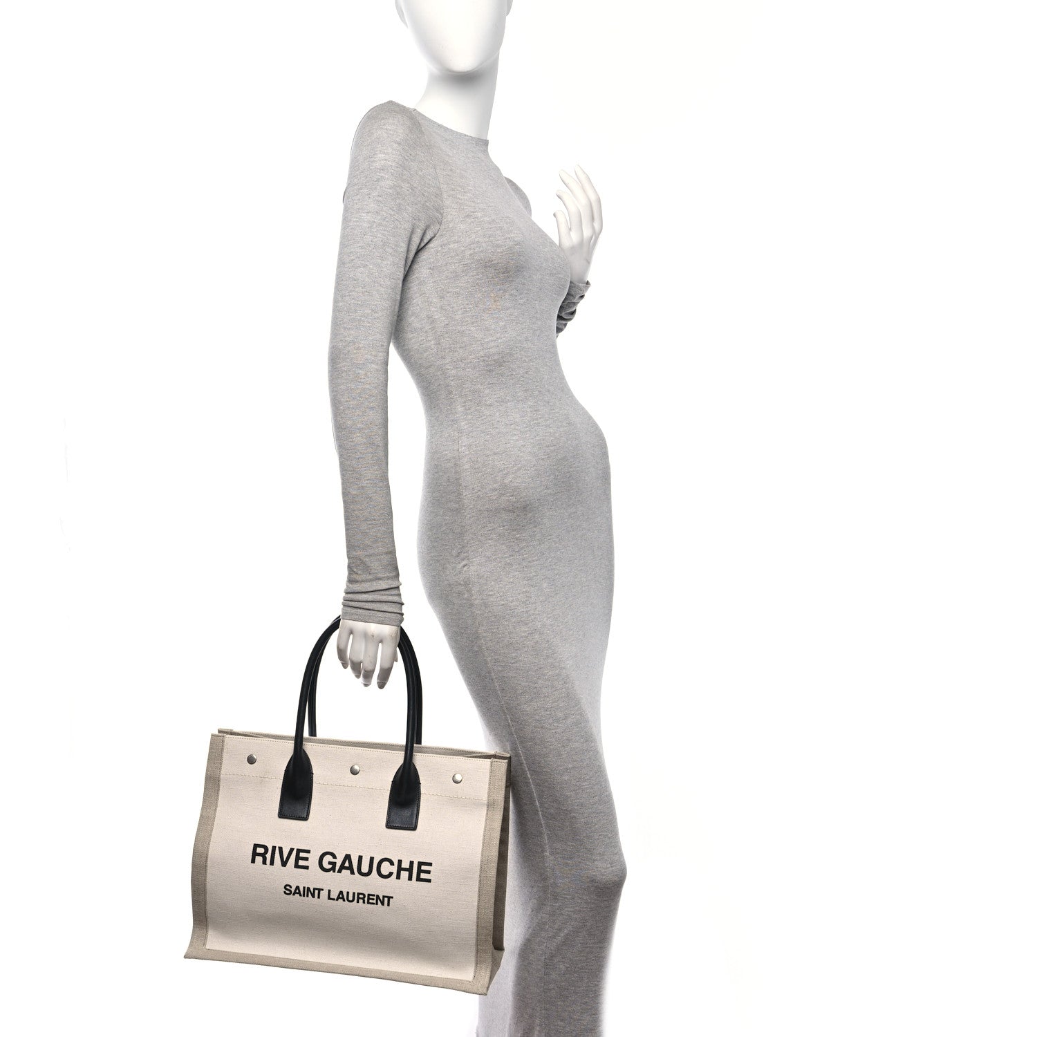 Saint Laurent Linen Calfskin Small Rive Gauche Tote Greggio Natural 2 of 13