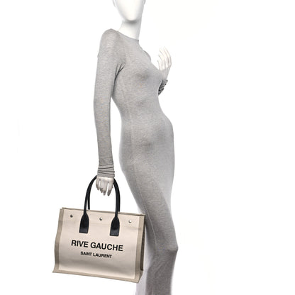 Saint Laurent Linen Calfskin Small Rive Gauche Tote Greggio Natural 2 of 13