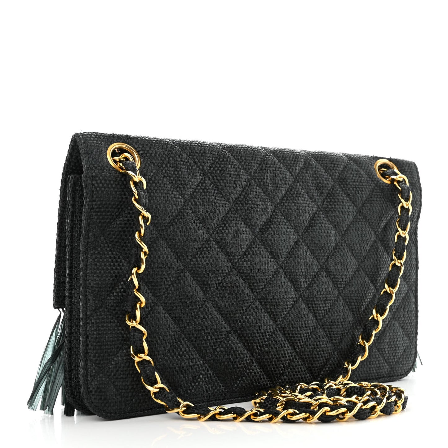 Woven Raffia Quilted CC Fringe Flap Black