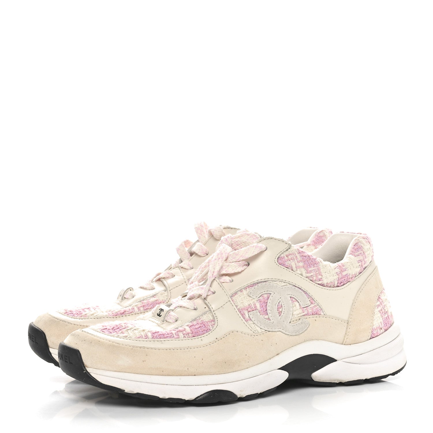 Chanel Tweed Suede Calfskin Womens CC Sneakers 38.5 Pink Ecru 3 of 7