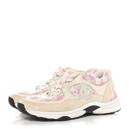 Chanel Tweed Suede Calfskin Womens CC Sneakers 38.5 Pink Ecru 3 of 7