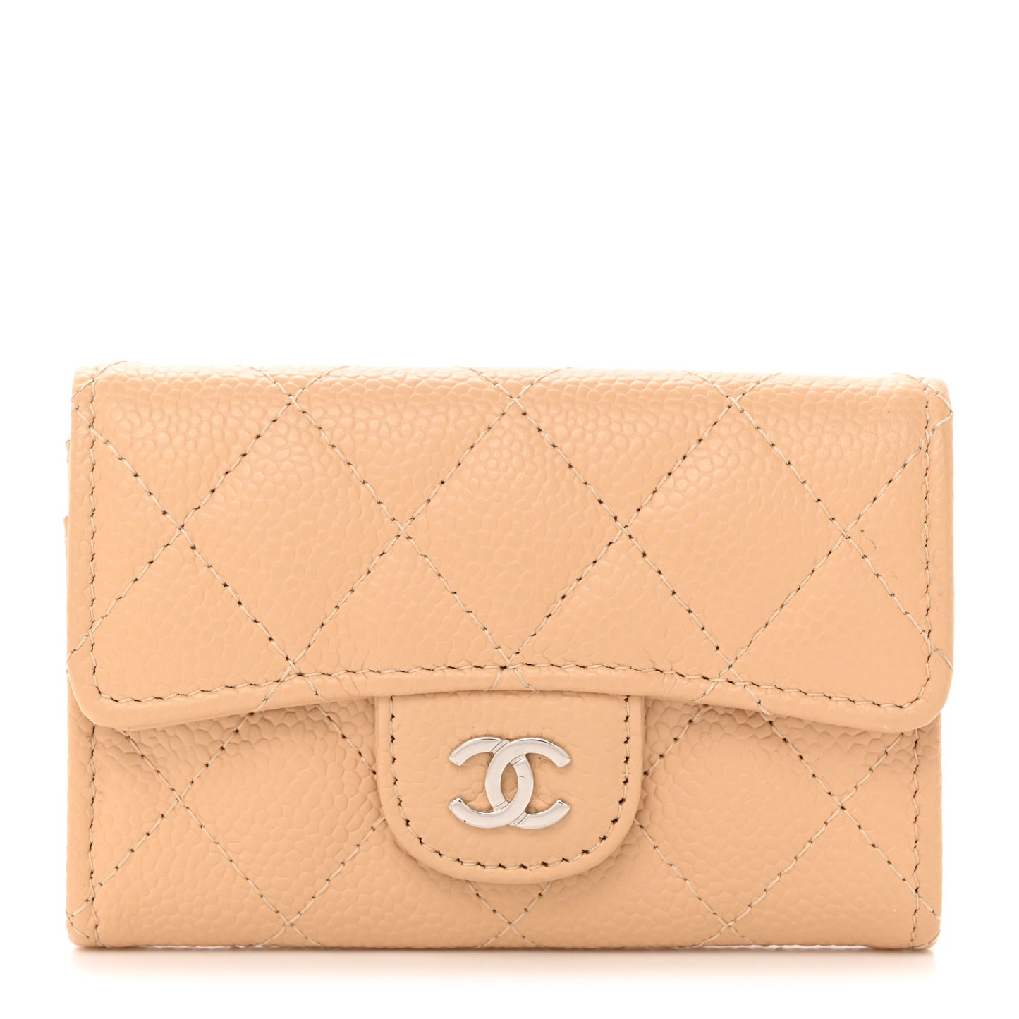 Caviar Quilted Flap Card Holder Wallet Beige