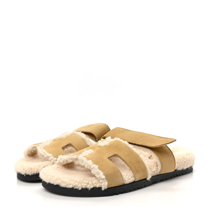 Hermes Suede Goatskin Woolskin Womens Chypre Sandals 38 Beige Albatre 3 of 7