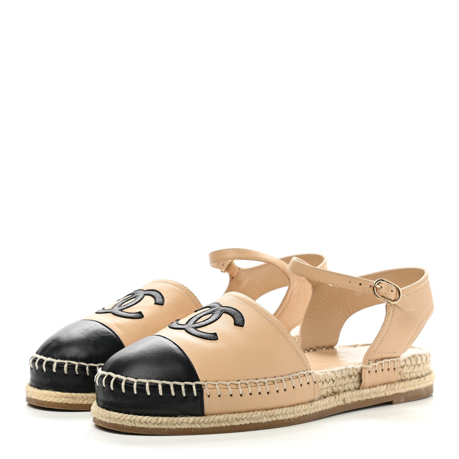 Chanel Lambskin Cap Toe CC Espadrille Sandals 40 Beige Black 3 of 9