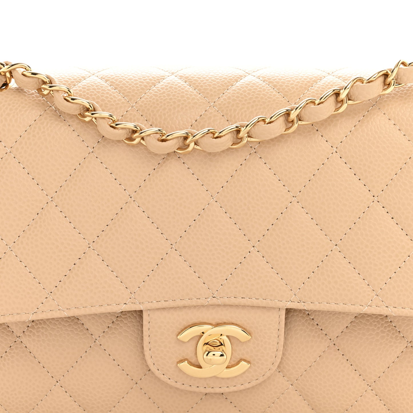 Caviar Quilted Medium Double Flap Beige