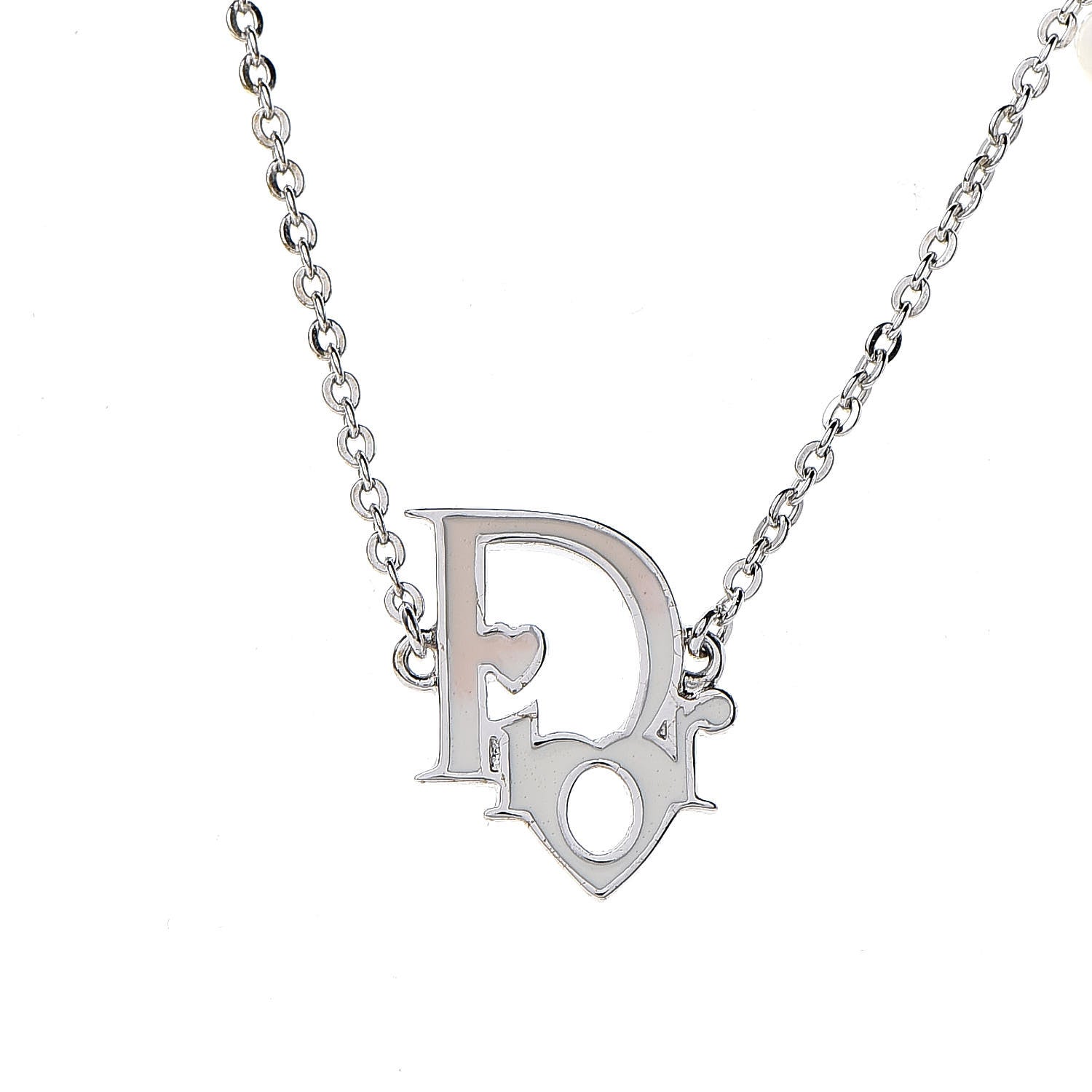 Christian Dior Logo Pendant Necklace Silver White 4 of 8