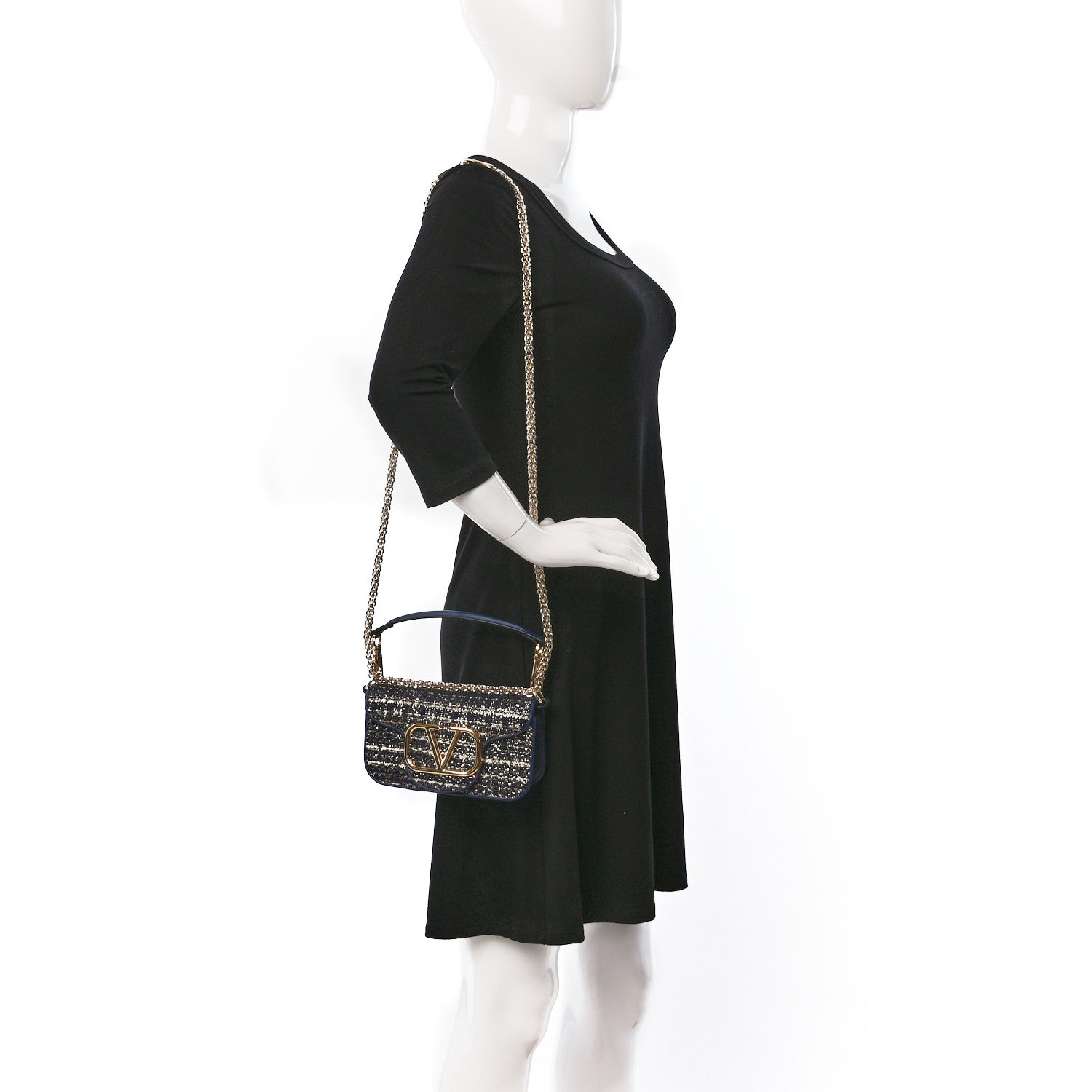 Valentino Garavani Tweed Calfskin Vlogo Small Loco Shoulder Bag Navy Ivory Gold 2 of 11