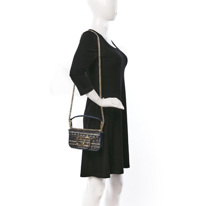 Valentino Garavani Tweed Calfskin Vlogo Small Loco Shoulder Bag Navy Ivory Gold 2 of 11