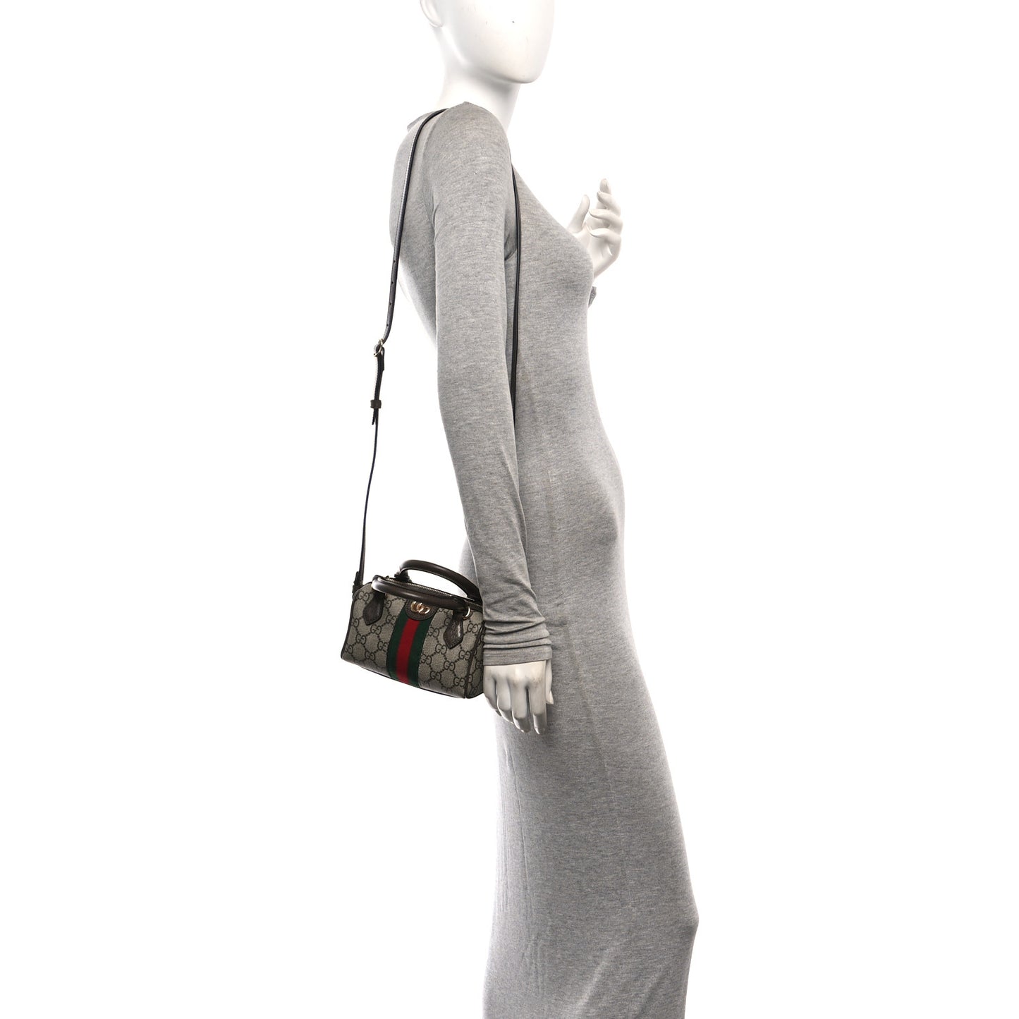 GG Supreme Monogram Textured Dollar Calfskin Web Super Mini Ophidia Top Handle Bowler Bag Beige Ebony New Acero