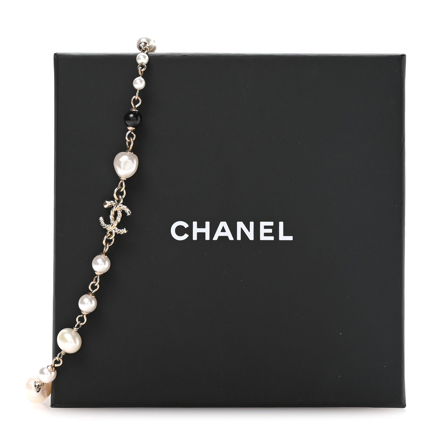 Pearl Beaded Crystal CC Long Necklace Gold Black White