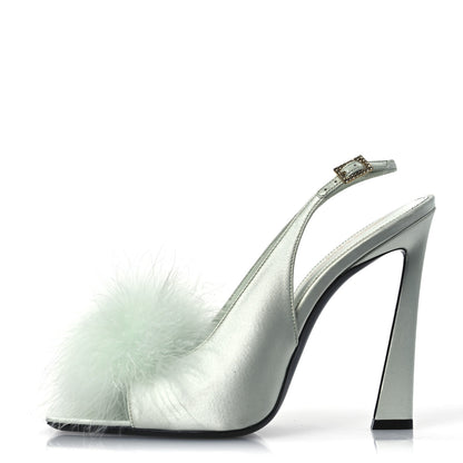 Saint Laurent Crepe Satin Blanco Feathered Sandals 39 Slight Green 1 of 15