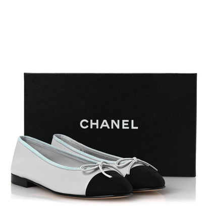 Chanel Lambskin Grosgrain Cap Toe CC Ballerina Flats 37 Light Blue Black 13 of 13