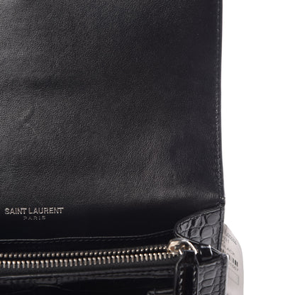 Saint Laurent Calfskin Crocodile Embossed Monogram Sunset Chain Wallet Black 9 of 11