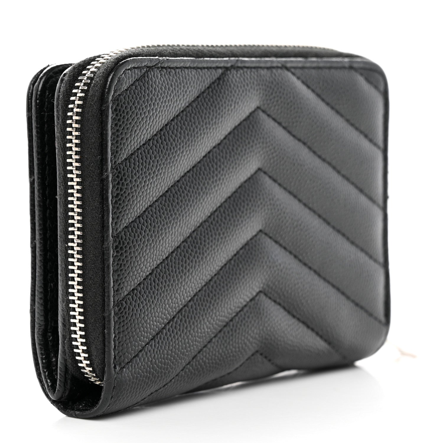 Saint Laurent Grain De Poudre Matelasse Chevron Monogram Compact Zip Around Wallet Black 3 of 10