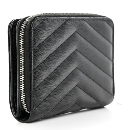 Saint Laurent Grain De Poudre Matelasse Chevron Monogram Compact Zip Around Wallet Black 3 of 10