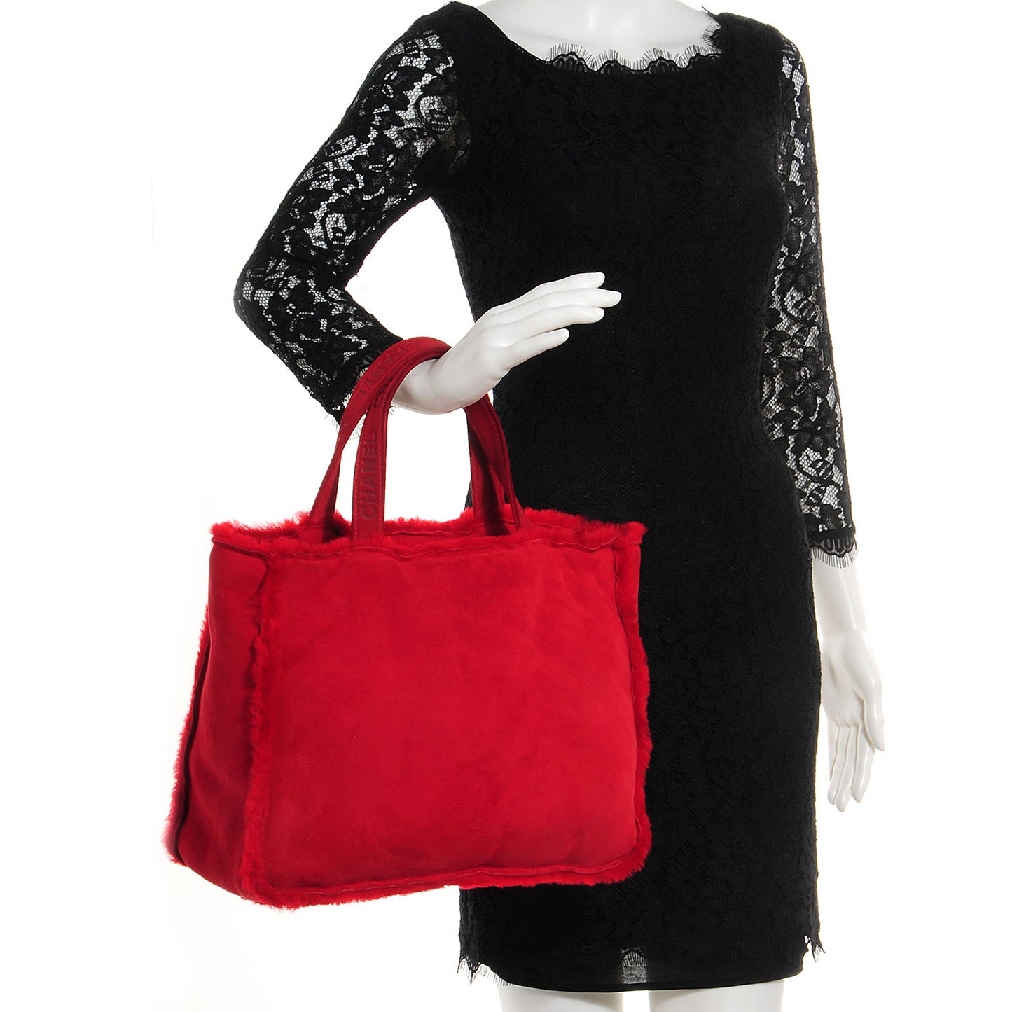 Suede Shearling Fur Handbag Red