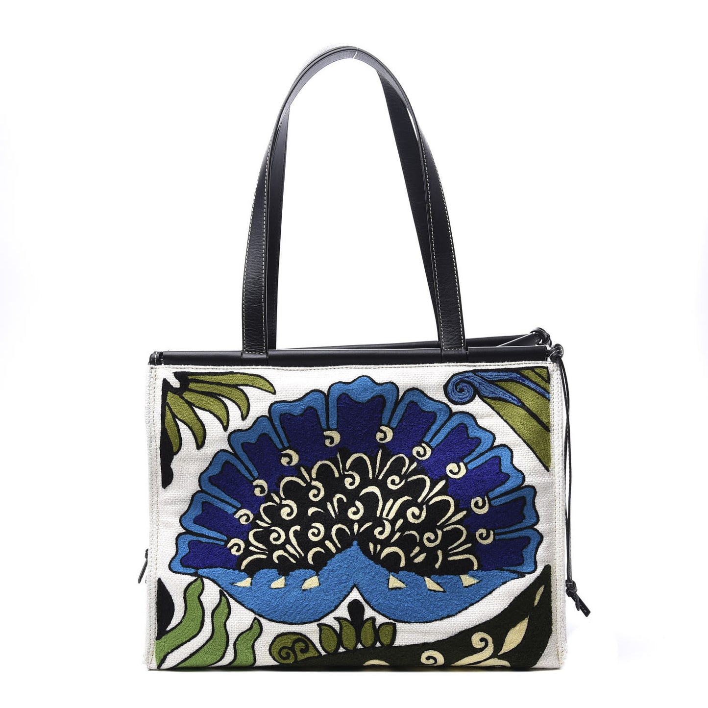 Canvas Calfskin Print Floral Cushion Tote Peacock Blue