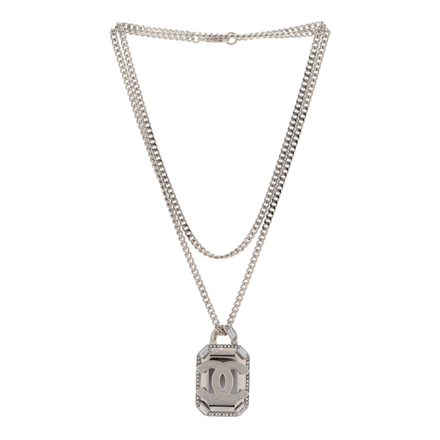 Crystal Baguette CC Mirror Pendant Necklace Silver
