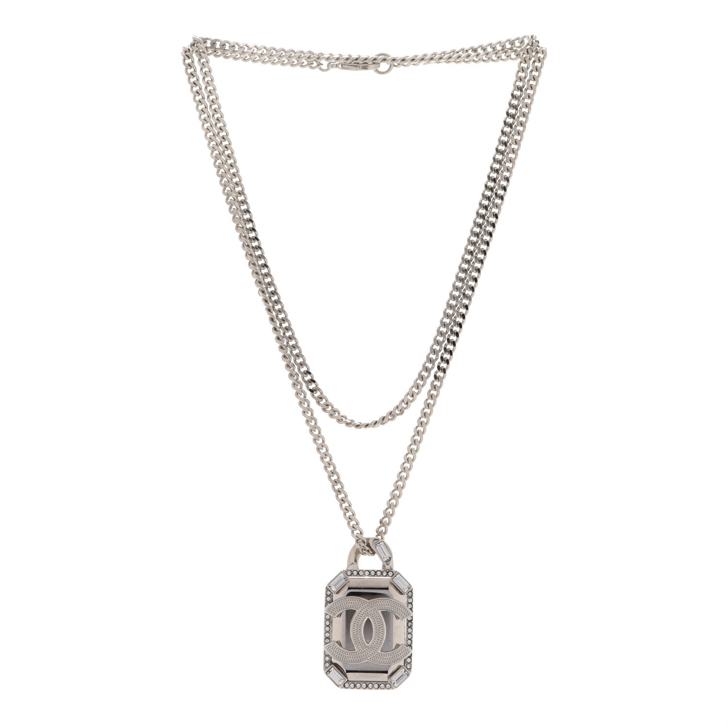 Chanel Crystal Baguette CC Mirror Pendant Necklace Silver 3 of 6