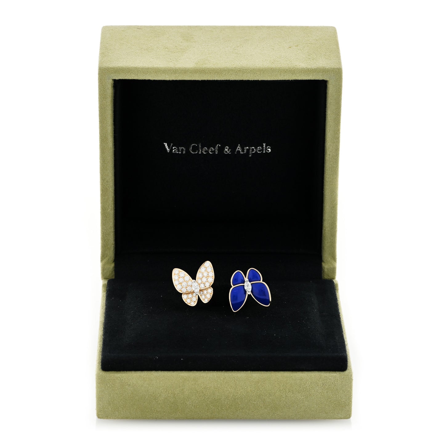 18K Yellow Gold Diamond Lapis Lazuli Two Butterfly Between The Finger Ring 53 6.5