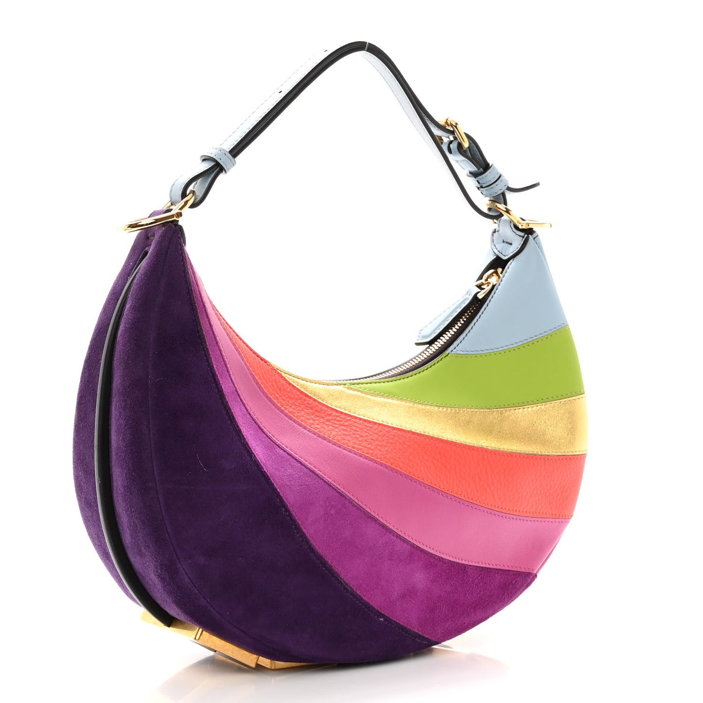 Vitello Seta Goatskin Suede Rainbow Inlay Small Fendigraphy Hobo Bag Multicolor Azzurro Baby