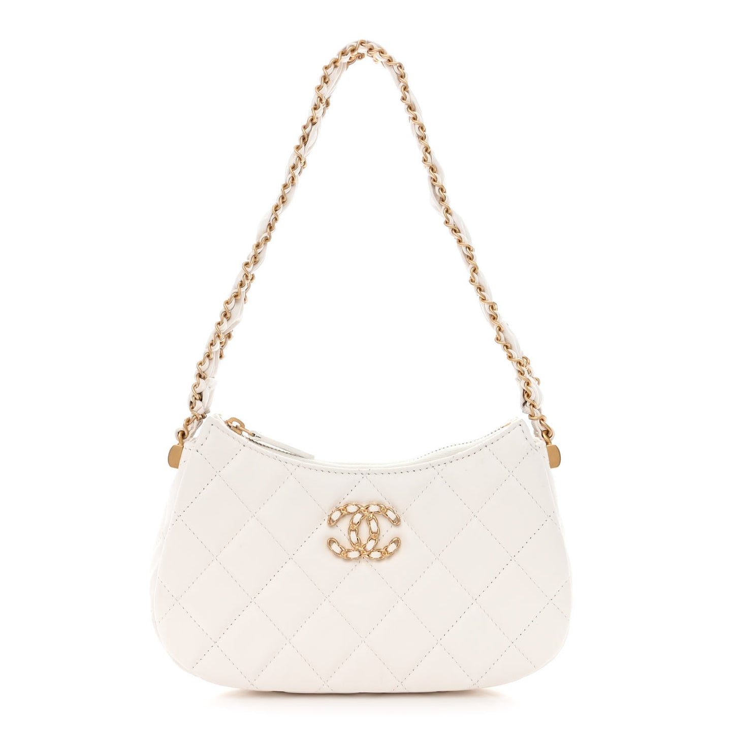 Crumpled Calfskin Quilted Braided CC Small Hobo White