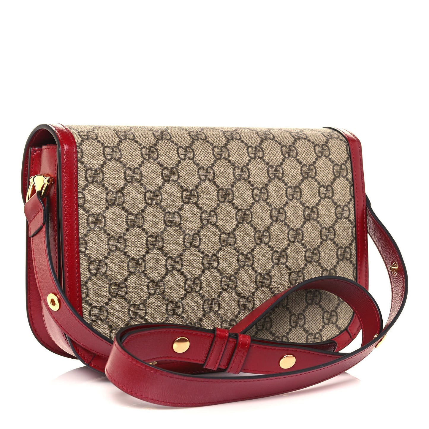 GG Supreme Monogram Azalea Calfskin Horsebit 1955 Shoulder Bag Beige Ebony New Cherry Red