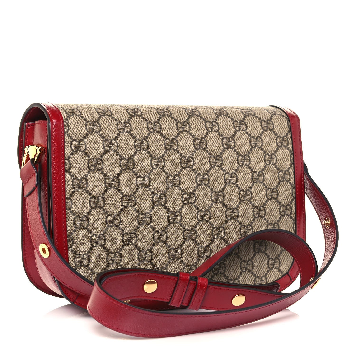 Gucci GG Supreme Monogram Azalea Calfskin Horsebit 1955 Shoulder Bag Beige Ebony New Cherry Red 3 of 14